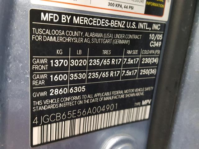 4JGCB65E56A004901 - 2006 MERCEDES-BENZ R 350 BLUE photo 10