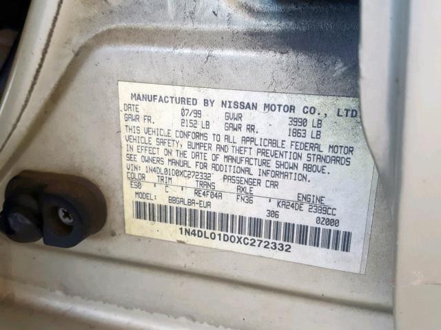 1N4DL01D0XC272332 - 1999 NISSAN ALTIMA XE GOLD photo 10