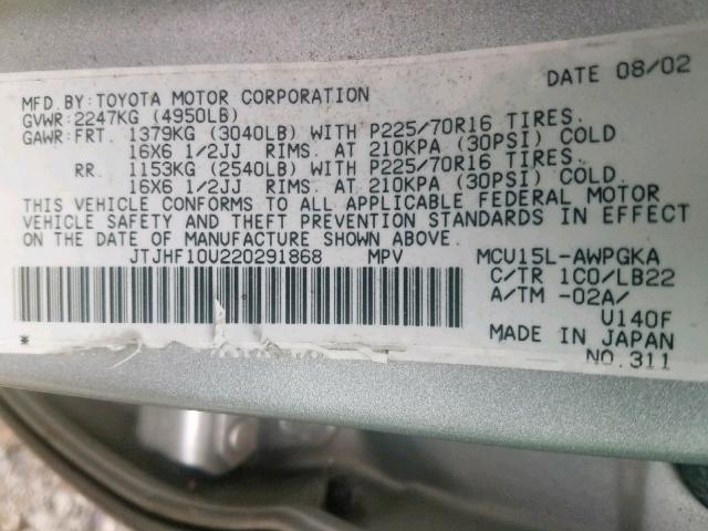 JTJHF10U220291868 - 2002 LEXUS RX 300 SILVER photo 10