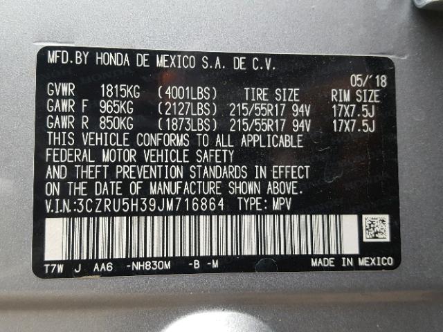 3CZRU5H39JM716864 - 2018 HONDA HR-V LX SILVER photo 10