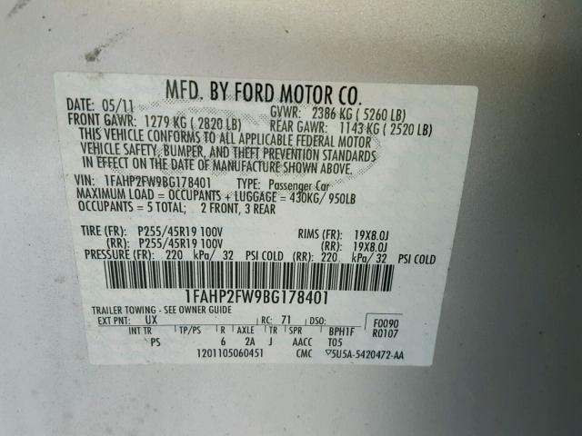 1FAHP2FW9BG178401 - 2011 FORD TAURUS LIM SILVER photo 10