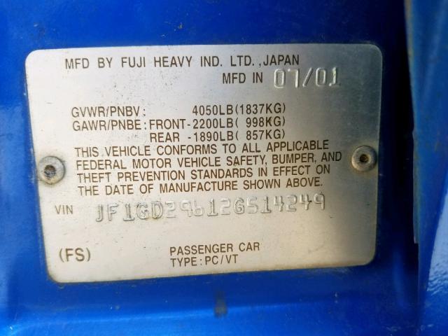 JF1GD29612G514249 - 2002 SUBARU IMPREZA WR BLUE photo 10