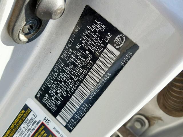 4T1BB46K09U102189 - 2009 TOYOTA CAMRY HYBR SILVER photo 10