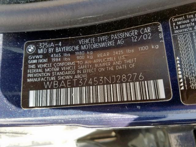 WBAET37453NJ28276 - 2003 BMW 325 I BLUE photo 10