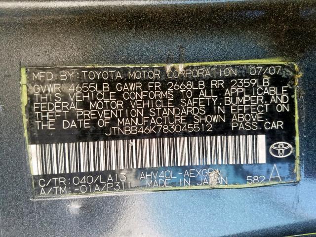 JTNBB46K783045512 - 2008 TOYOTA CAMRY HYBR GRAY photo 10