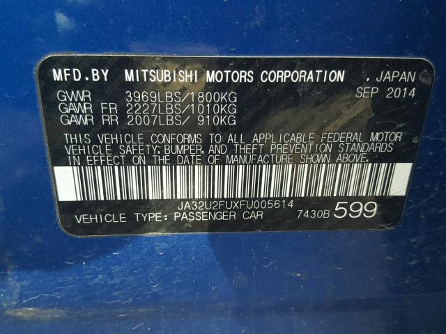 JA32U2FUXFU005614 - 2015 MITSUBISHI LANCER ES BLUE photo 10