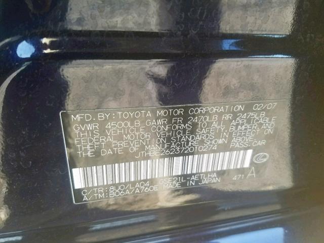 JTHBE262372010274 - 2007 LEXUS IS 350 BLUE photo 10