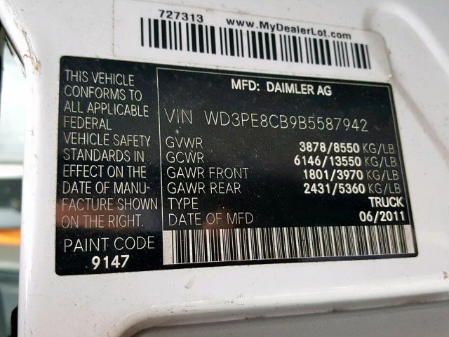 WD3PE8CB9B5587942 - 2011 MERCEDES-BENZ SPRINTER 2 WHITE photo 10