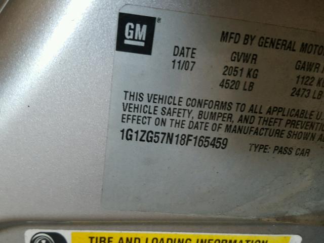 1G1ZG57N18F165459 - 2008 CHEVROLET MALIBU LS ვერცხლისფერი ფოტო 10