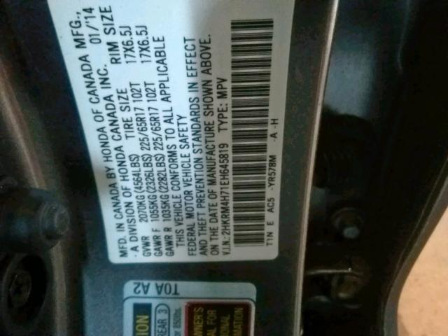 2HKRM4H71EH645819 - 2014 HONDA CR-V EXL GRAY photo 10