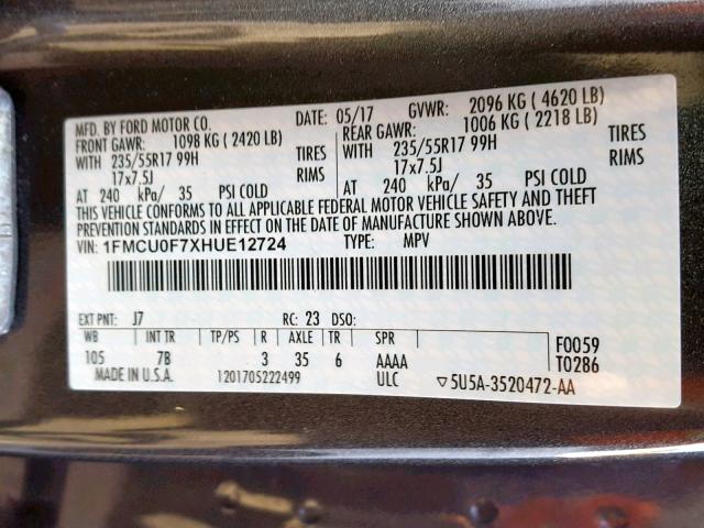 1FMCU0F7XHUE12724 - 2017 FORD ESCAPE S GRAY photo 10