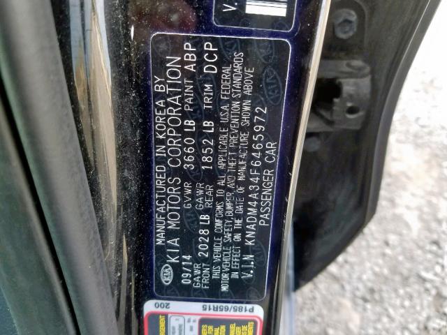 KNADM4A34F6465972 - 2015 KIA RIO LX BLACK photo 10