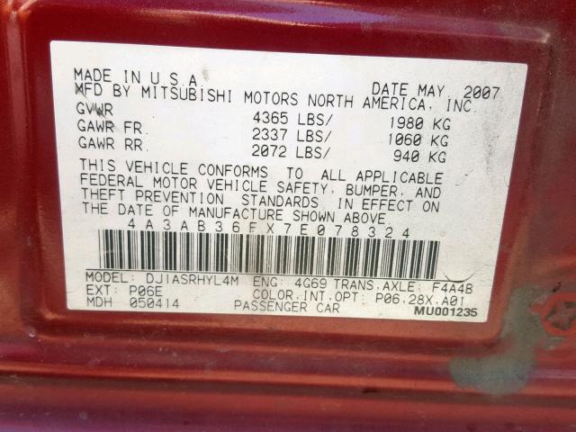 4A3AB36FX7E078324 - 2007 MITSUBISHI GALANT ES MAROON photo 10