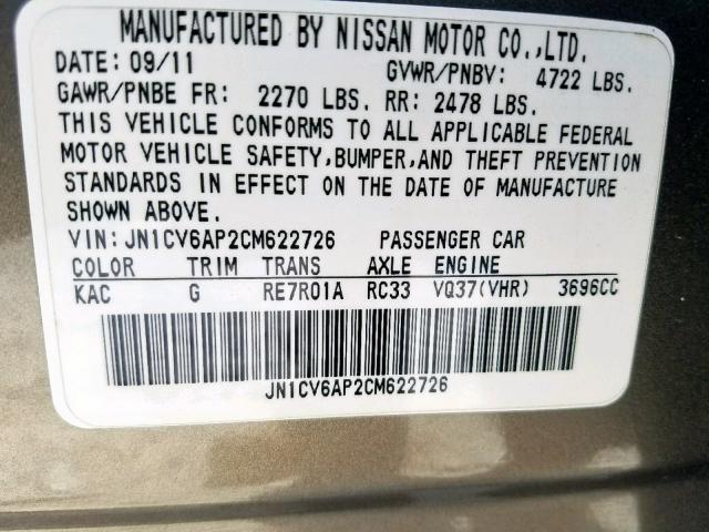 JN1CV6AP2CM622726 - 2012 INFINITI G37 BASE BLUE photo 10