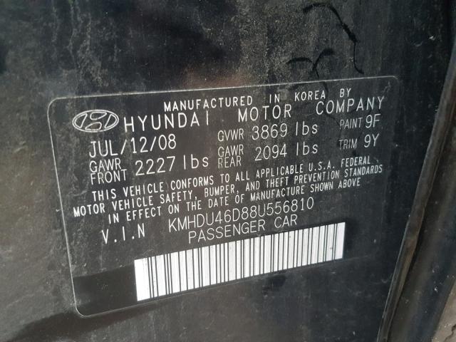 KMHDU46D88U556810 - 2008 HYUNDAI ELANTRA GL BLACK photo 10