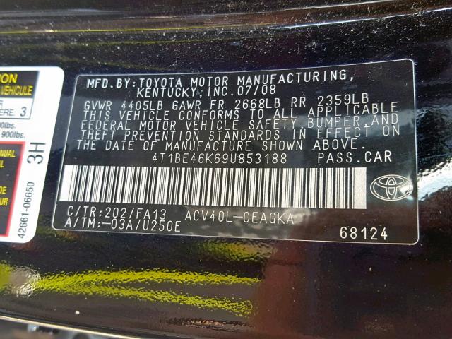 4T1BE46K69U853188 - 2009 TOYOTA CAMRY BASE BLACK photo 10