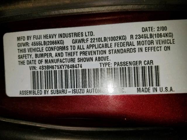 4S3BH675XY7649474 - 2000 SUBARU LEGACY OUT MAROON photo 10