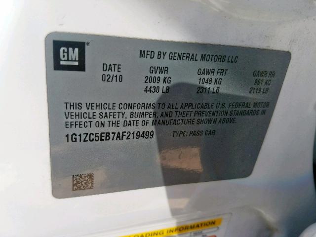 1G1ZC5EB7AF219499 - 2010 CHEVROLET MALIBU 1LT 白色 照片 10