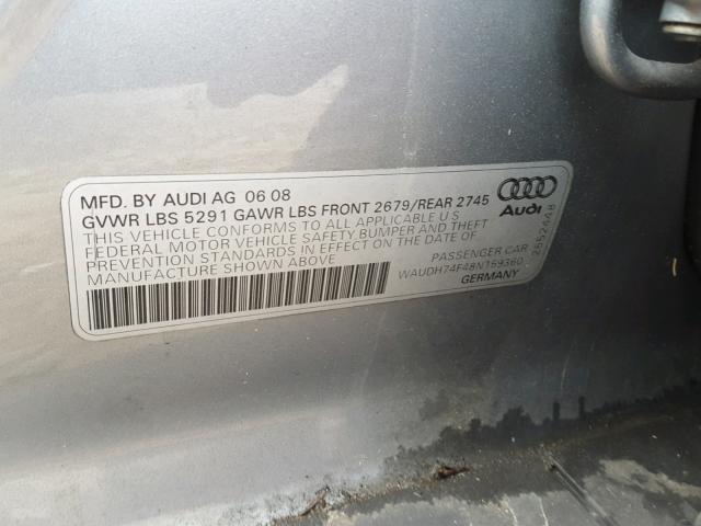 WAUDH74F48N159360 - 2008 AUDI A6 3.2 QUA GRAY photo 10