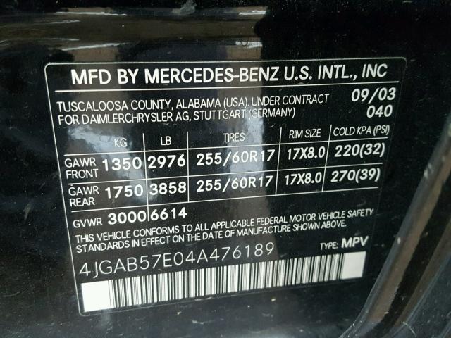 4JGAB57E04A476189 - 2004 MERCEDES-BENZ ML 350 BLACK photo 10