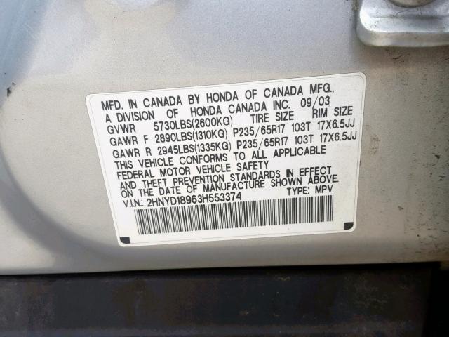 2HNYD18963H553374 - 2003 ACURA MDX TOURIN SILVER photo 10