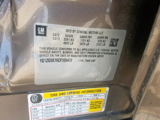 1G1ZG5E76CF309472 - 2012 CHEVROLET MALIBU LTZ თეთრი ფოტო 10