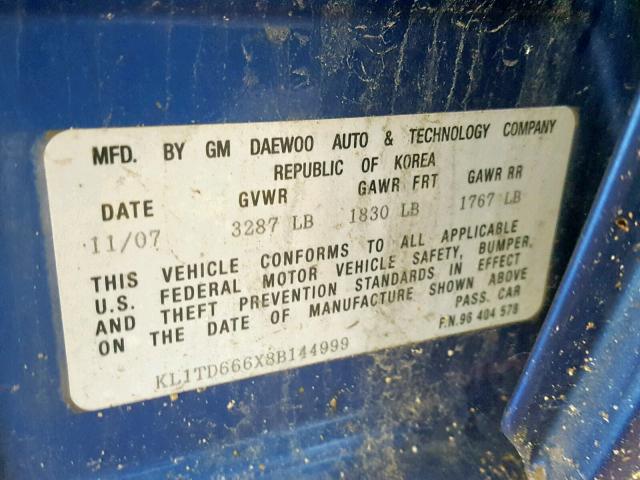 KL1TD666X8B144999 - 2008 CHEVROLET AVEO BASE Көк фото 10