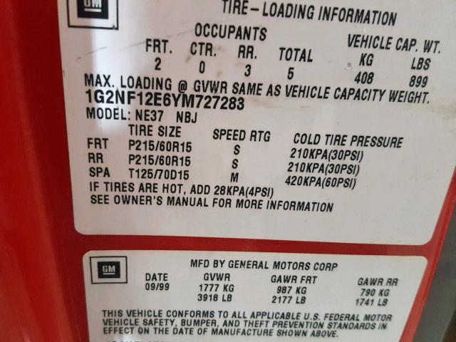 1G2NF12E6YM727283 - 2000 PONTIAC GRAND AM S RED photo 10