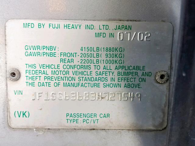 JF1SG63683H727549 - 2003 SUBARU FORESTER 2 SILVER photo 10