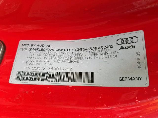 WAUDK78T39A016782 - 2009 AUDI A5 QUATTRO RED photo 10