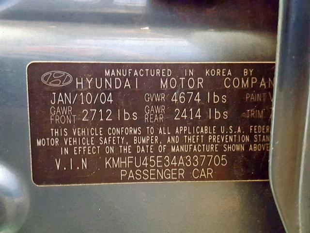 KMHFU45E34A337705 - 2004 HYUNDAI XG 350 BLUE photo 10