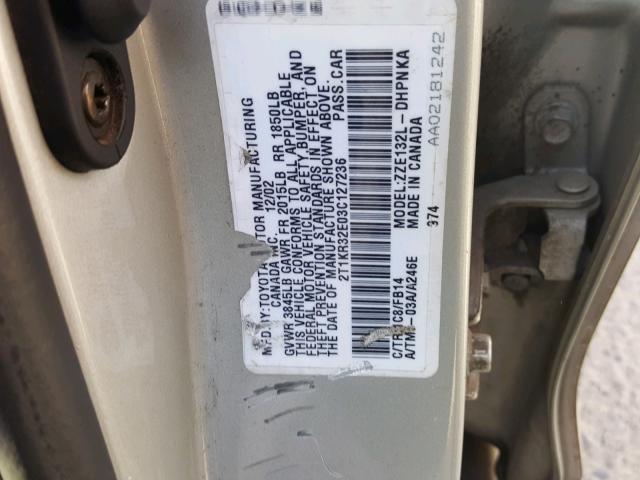 2T1KR32E03C127236 - 2003 TOYOTA COROLLA MA SILVER photo 10