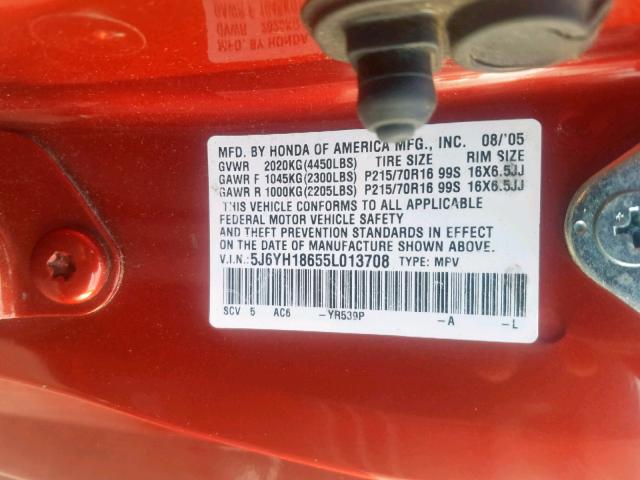 5J6YH18655L013708 - 2005 HONDA ELEMENT EX ORANGE photo 10