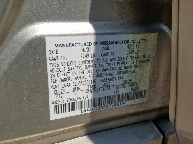 1N4AL11D55C386140 - 2005 NISSAN ALTIMA S GOLD photo 10