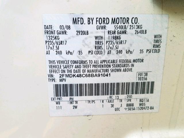 2FMDK48C68BA91041 - 2008 FORD EDGE SEL WHITE photo 10