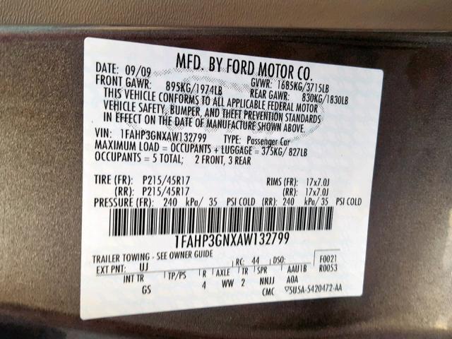 1FAHP3GNXAW132799 - 2010 FORD FOCUS SES GRAY photo 10