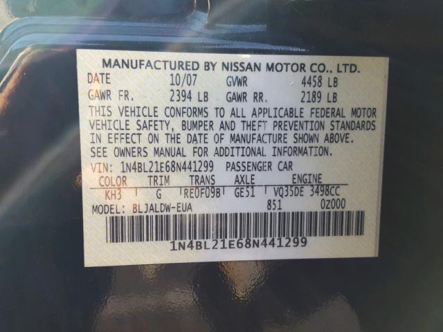 1N4BL21E68N441299 - 2008 NISSAN ALTIMA 3.5 BLACK photo 10