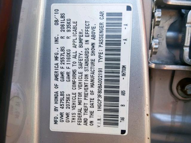 1HGCP3F80BA002191 - 2011 HONDA ACCORD EXL SILVER photo 10