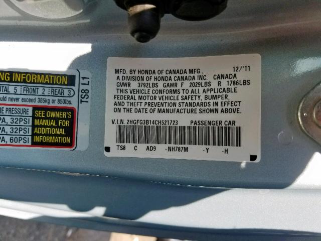 2HGFG3B14CH521723 - 2012 HONDA CIVIC EXL 蓝色 照片 10