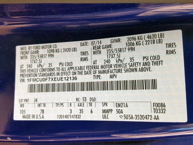 1FMCU0F7XEUE12136 - 2014 FORD ESCAPE S BLUE photo 10