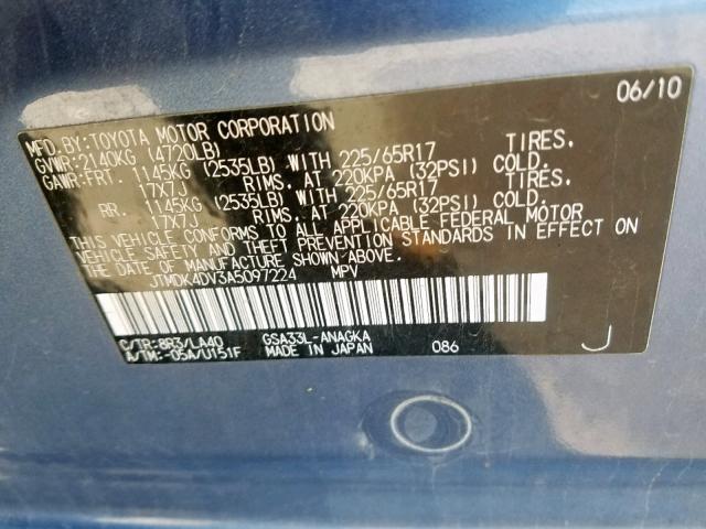 JTMDK4DV3A5097224 - 2010 TOYOTA RAV4 LIMIT BLUE photo 10