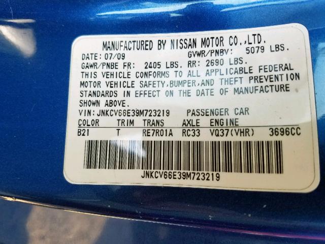 JNKCV66E39M723219 - 2009 INFINITI G37 BASE BLUE photo 10