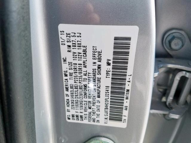 5J8TB4H33FL025416 - 2015 ACURA RDX SILVER photo 10