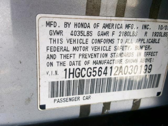 1HGCG56412A030199 - 2002 HONDA ACCORD LX SILVER photo 10