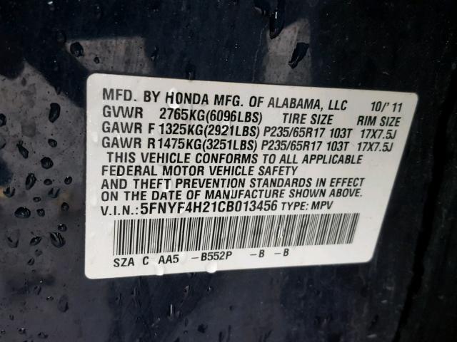 5FNYF4H21CB013456 - 2012 HONDA PILOT LX BLUE photo 10