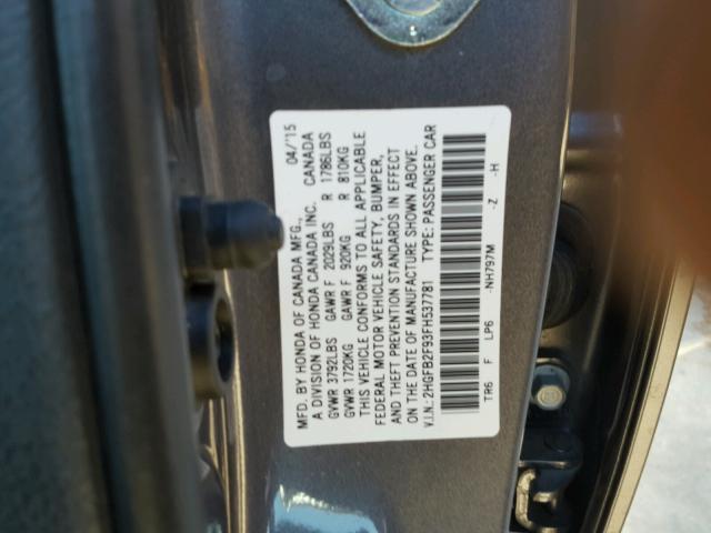 2HGFB2F93FH537781 - 2015 HONDA CIVIC EXL GRAY photo 10