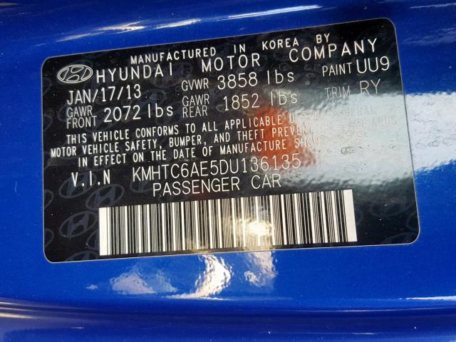 KMHTC6AE5DU136135 - 2013 HYUNDAI VELOSTER T BLUE photo 10