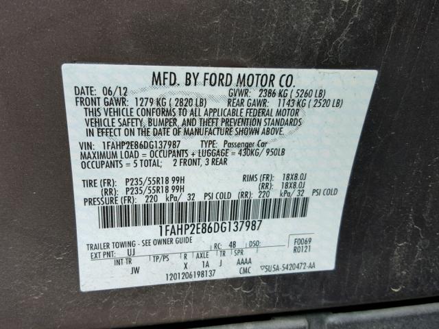 1FAHP2E86DG137987 - 2013 FORD TAURUS SEL GRAY photo 10