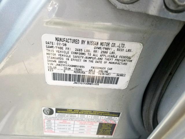 JNKCY01FX9M851655 - 2009 INFINITI M35 BASE SILVER photo 10