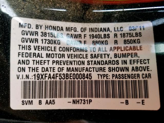 19XFA4F53BE000845 - 2011 HONDA CIVIC GX BLACK photo 10